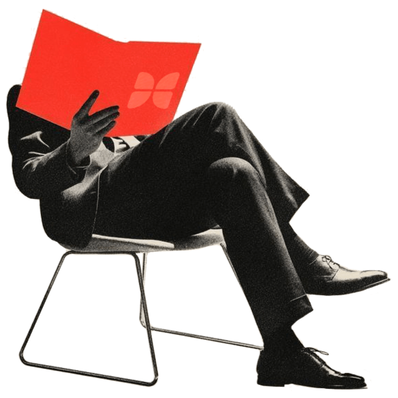 Illustration of a man sitting on a chair reading a magazine.
