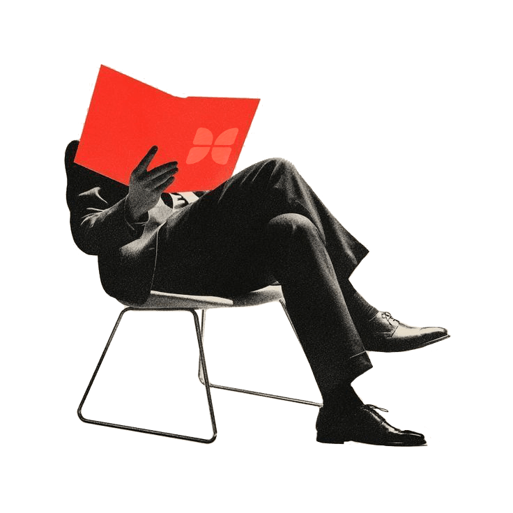 Brand Clarity Generator https://eduardoraggi.com.br Illustration of a man sitting on a chair reading a magazine.